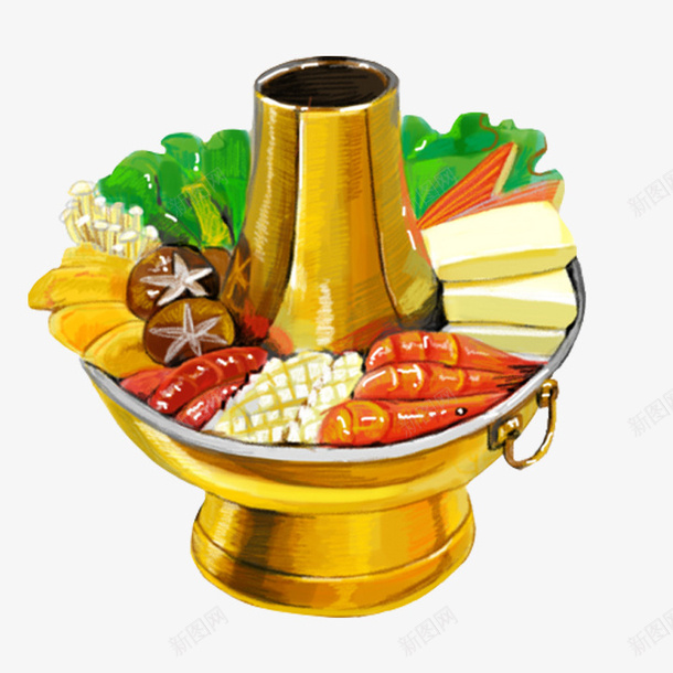 金黄色锅的手绘火锅png免抠素材_新图网 https://ixintu.com 千叶豆腐 大虾 手绘 火锅 绘画 美食 蘑菇 金色火锅 香菇