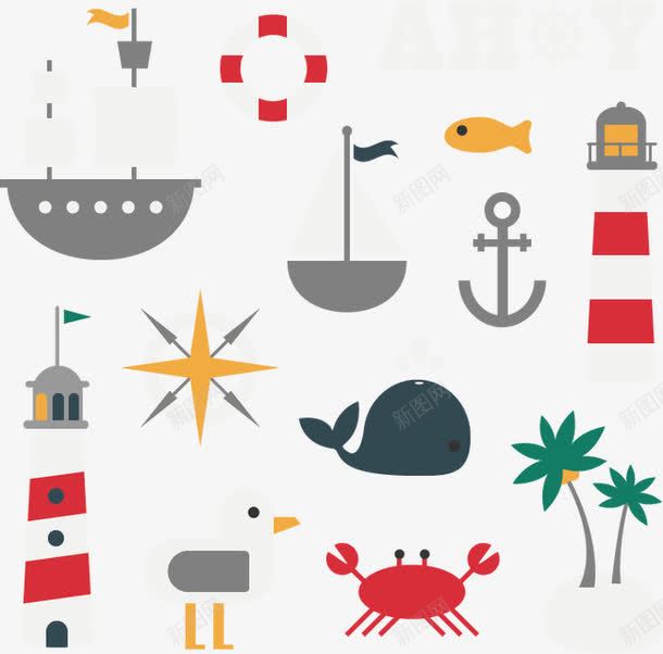 卡通航海图标png_新图网 https://ixintu.com 卡通图标 帆船 标志标识 海洋元素 海鸥 灯塔 航海 船舵 螃蟹 轮船 锚 鲸鱼