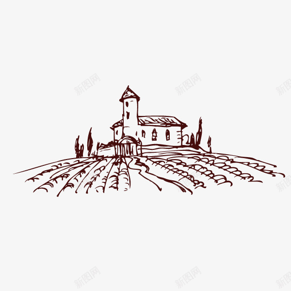 庄稼地里的楼房素描画png免抠素材_新图网 https://ixintu.com 农民 庄稼地 楼房 牛 田地 稻田 素描画 耕田