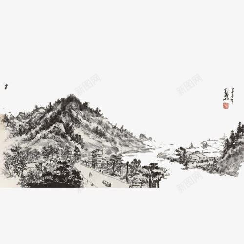 水墨山景png免抠素材_新图网 https://ixintu.com 大好河山 山川河流 水墨 水墨乡村 画 黑白色