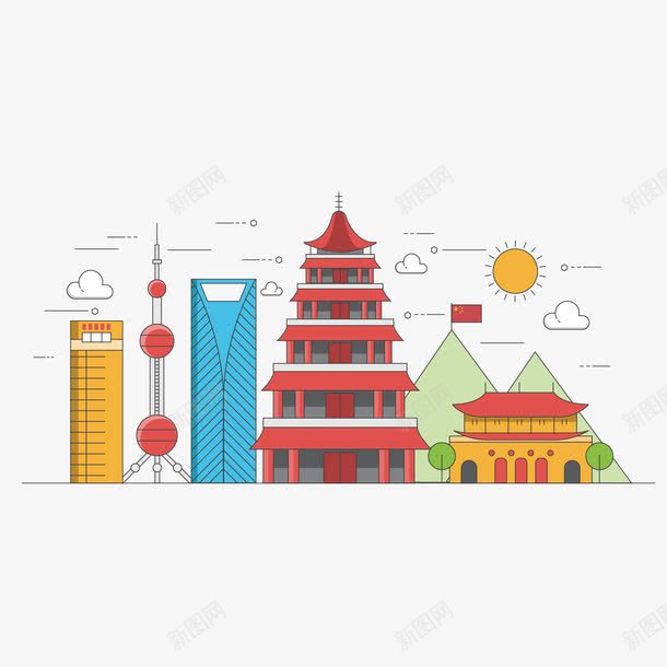 扁平世界建筑png免抠素材_新图网 https://ixintu.com 上海 世界 东方明珠 云朵 城市现代上海 太阳 建筑 扁平