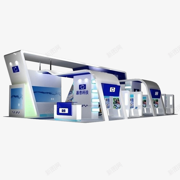 科技3D展厅psd免抠素材_新图网 https://ixintu.com 3D展厅 展示设计 效果图 现代简约 科技展 蓝白色调 造型