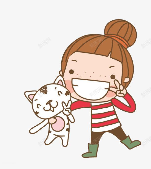 和猫咪一起拍照的卡通女孩png免抠素材_新图网 https://ixintu.com 卡通 女孩 拍照 猫咪