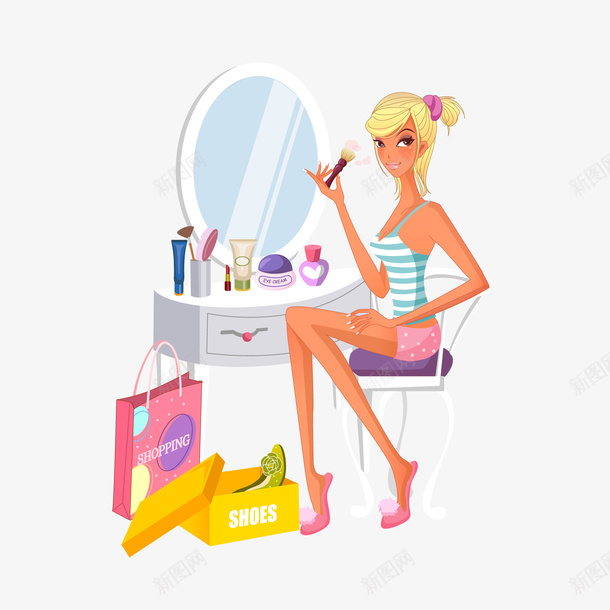 卡通化妆的女性人物矢量图ai免抠素材_新图网 https://ixintu.com 人物设计 化妆 卡通 女性人物 梳妆台 矢量图