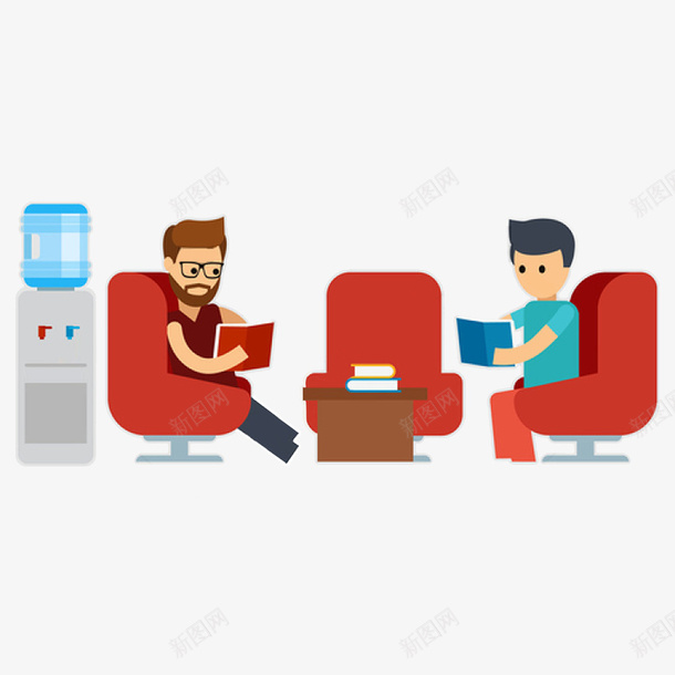 卡通男孩在图书馆休息区看书png免抠素材_新图网 https://ixintu.com 书本 休息区 图书馆 图书馆卡通 安静 手绘饮水机 沙发 男孩 茶几 认真 饮水机