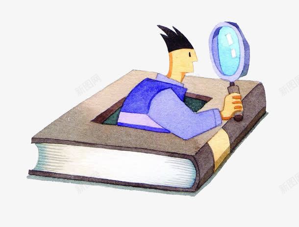 用心观察的男孩png免抠素材_新图网 https://ixintu.com 书本 卡通人物 手绘彩绘 放大镜 故事插画 男孩男生 观察生活 读书探索