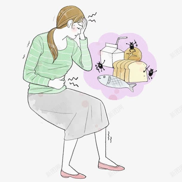 过期的食物png免抠素材_新图网 https://ixintu.com 卡通 女人 手绘 肚子痛 过期的 难受的 食物