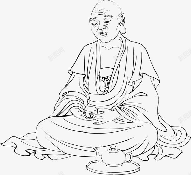 手绘白描人物png免抠素材_新图网 https://ixintu.com 古代 和尚 品茶 水墨 白描 黑色