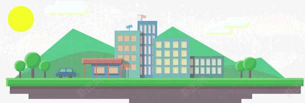 城市bannerpng免抠素材_新图网 https://ixintu.com 晴朗天气城市树木山汽车建筑banner风景