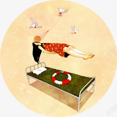 梦游悬空的女孩png免抠素材_新图网 https://ixintu.com 做梦 儿童 创意 女孩 床 悬空 抽象 插画 梦想 梦游 泳圈 海鸥 白日梦 睡梦 睡觉 童话故事 草地