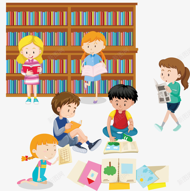开学啦图书馆看书矢量图ai免抠素材_新图网 https://ixintu.com 一起学习 买书 图书整理 图书馆 开学 开学啦 看书孩子 矢量png 矢量图
