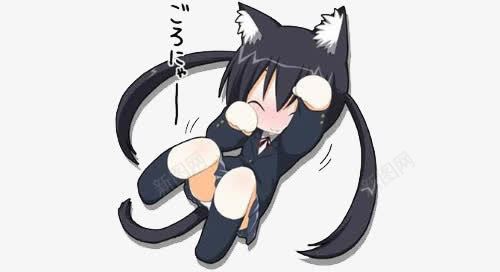 戴猫耳朵的女生png免抠素材_新图网 https://ixintu.com 可爱动漫 害羞 小短裙 毛茸茸耳朵 白腿 脸红 躺着的猫 黑长头发