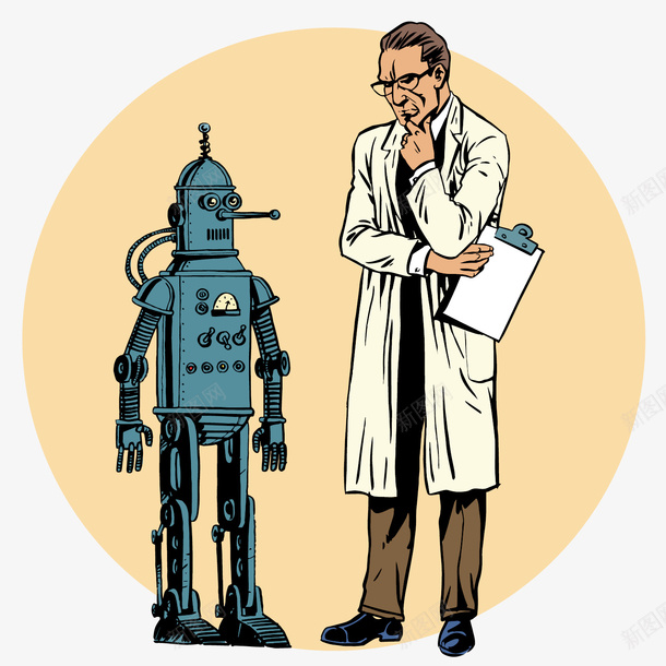 科学家研究机器人卡通png免抠素材_新图网 https://ixintu.com 卡通 器械 机器人 欧美风 波普风格 白大褂 科学家 黄色背景
