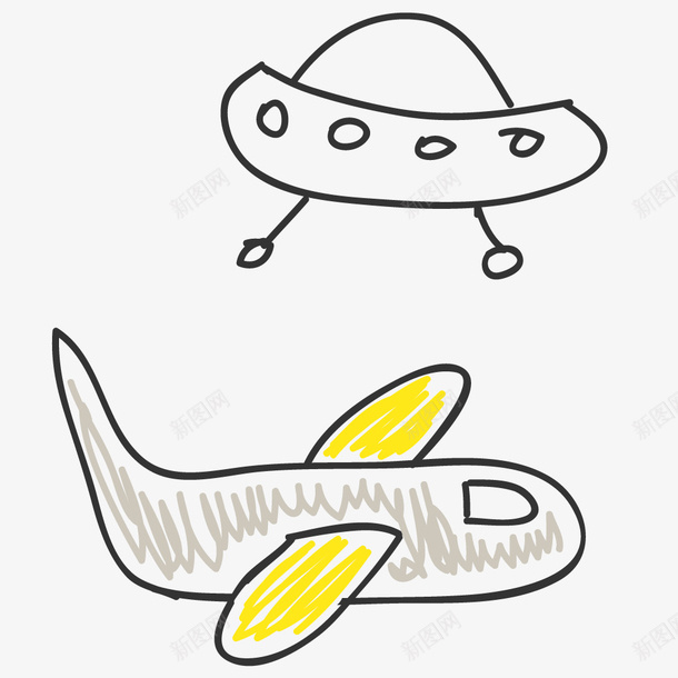 卡通手绘简笔画装饰飞机和飞碟png免抠素材_新图网 https://ixintu.com 包装设计 可爱插画装饰 广告设计 手绘卡通小清新插画 手绘简笔画 网页设计 飞机和飞碟