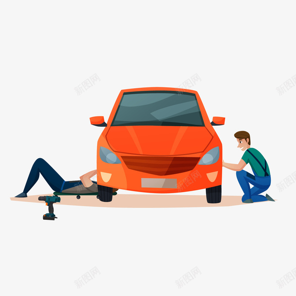 修理红色车的两名卡通男性png免抠素材_新图网 https://ixintu.com Q版汽车 两名男性 修车男性 卡通 男性 红色 红色车 黑色