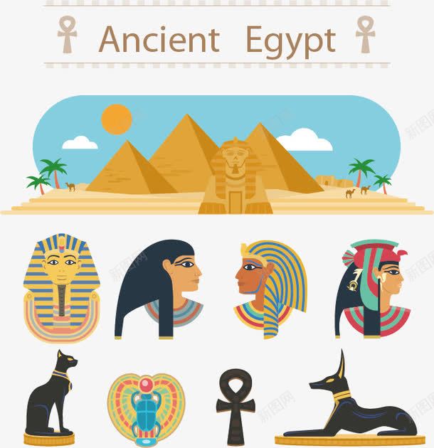 世界奇迹 名胜古迹 埃及 彩色卡通 旅游海报素材 木乃伊 法老 金字塔