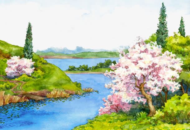 美丽世外桃源png免抠素材_新图网 https://ixintu.com 山清水秀 手绘风景 桃园 桃花 桃花源记 河流 美丽风景 花树 风景