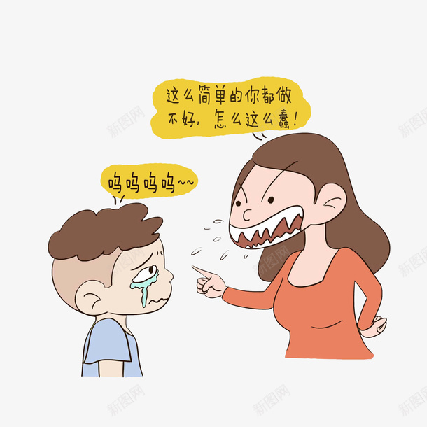 被妈妈骂蠢的小孩psd免抠素材_新图网 https://ixintu.com 卡通人物骂人 吐沫横飞 哭泣的小孩 面目狰狞的妈妈 骂脏话