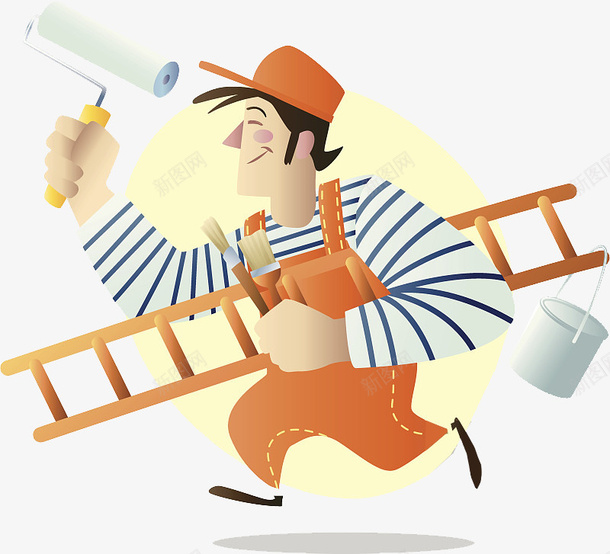 可爱卡通拿着工具的装修刷墙工人png免抠素材_新图网 https://ixintu.com 刷墙工人 卡通人物 可爱 拿着工具 搬着梯子 装修