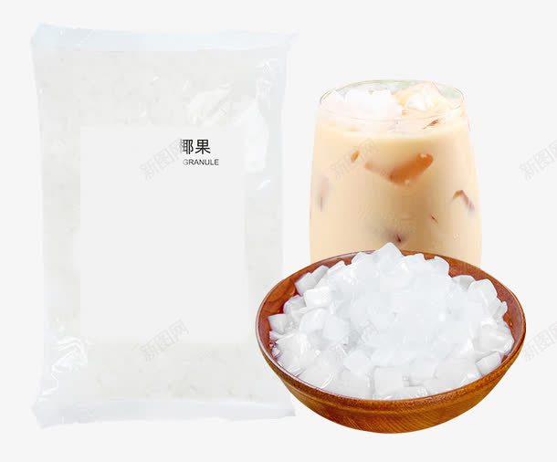 椰果粒奶茶png免抠素材_新图网 https://ixintu.com 产品实物 即食 原料 奶茶 新鲜 椰果粒 美味 袋装 颗粒