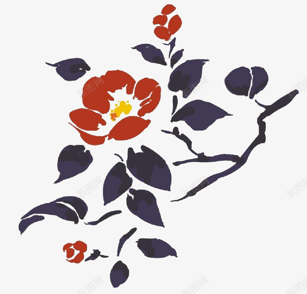 手绘中国画花枝桃枝png免抠素材_新图网 https://ixintu.com 中国画 卡通桃树 古风 复古 手绘 桃叶 桃枝 桃树 桃花