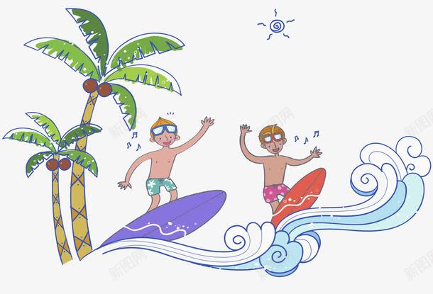 夏天男孩的冲浪png免抠素材_新图网 https://ixintu.com 冲浪 凉爽 创意 卡通 夏天 太阳 手绘 椰子树 活力 炎热 炎热卡通人物 男孩