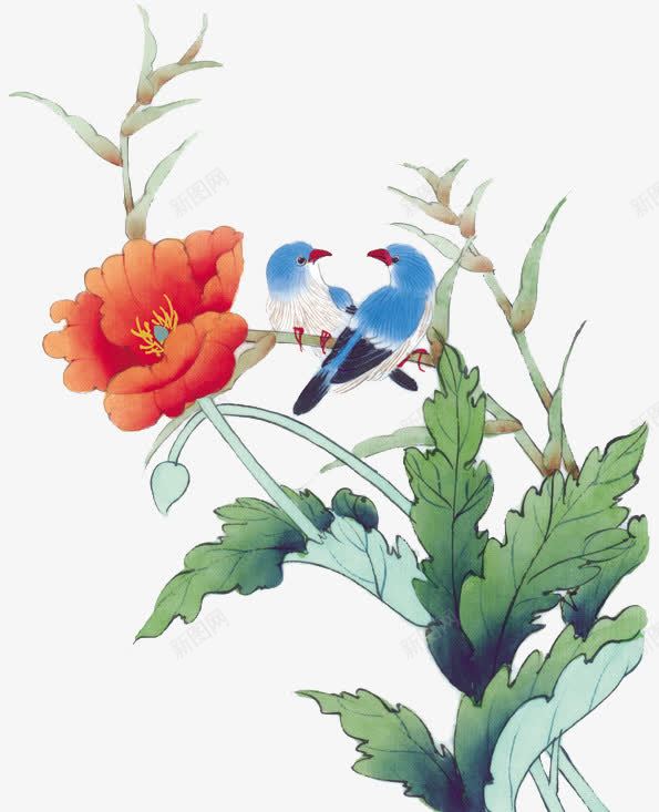 红色花朵png免抠素材_新图网 https://ixintu.com 小鸟 工笔画 树叶