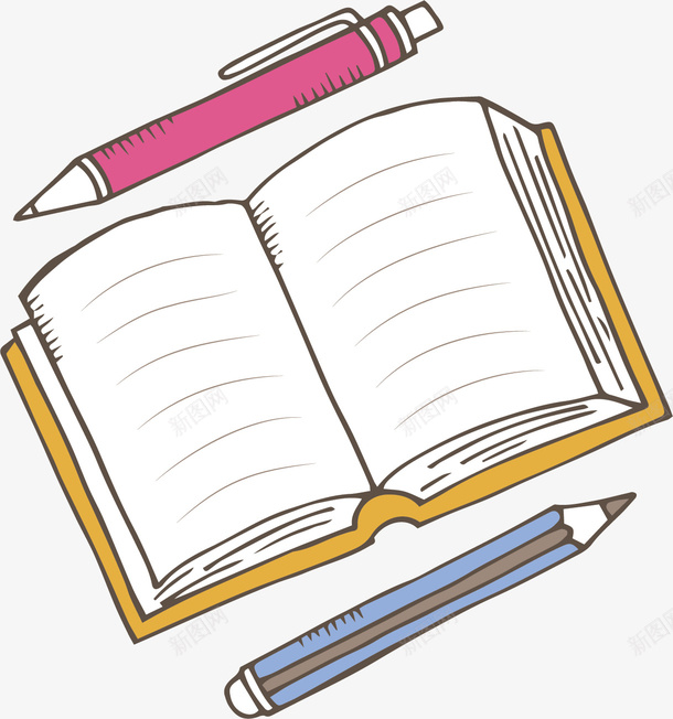 翻开的记事本铅笔矢量图ai免抠素材_新图网 https://ixintu.com 手绘风 日记本 矢量png 翻开的本子 记事本 记笔记 矢量图