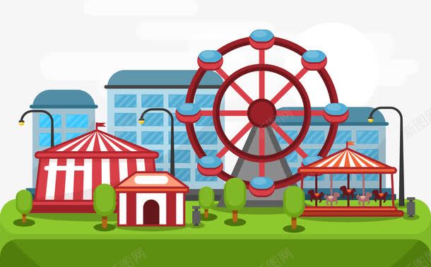 儿童公园游乐场矢量图eps免抠素材_新图网 https://ixintu.com 扁平化 摩天轮 旋转木马 游乐场 矢量素材 矢量图