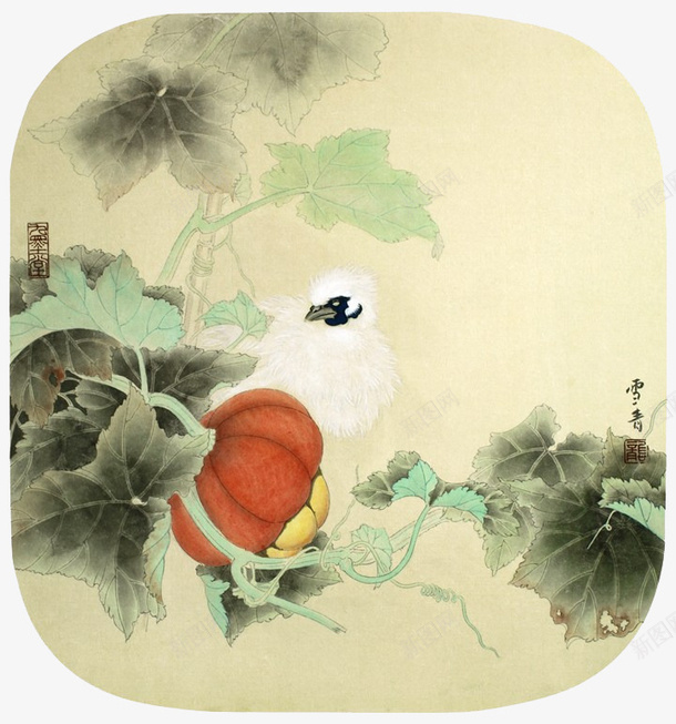 手绘扇面乌鸡南瓜png免抠素材_新图网 https://ixintu.com 乌鸡 南瓜 古典 团扇 扇子 扇面 手绘团扇 藤