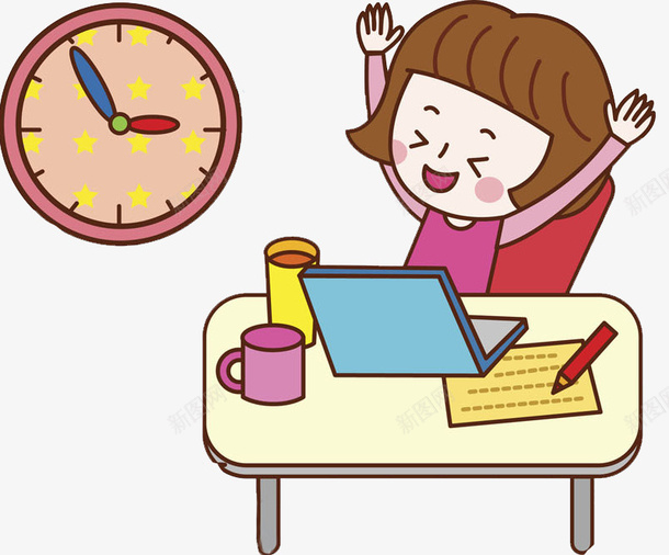 卡通伸懒腰的女人图png免抠素材_新图网 https://ixintu.com 伸懒腰 伸腰 办公 加班 女人 工作 时间 白领 钟表