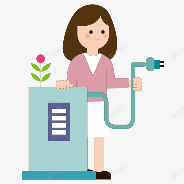 节约资源人像矢量图图标ai_新图网 https://ixintu.com 人像 充电桩 售后维修 图标 女性 小花 电线 粉色上衣 矢量图