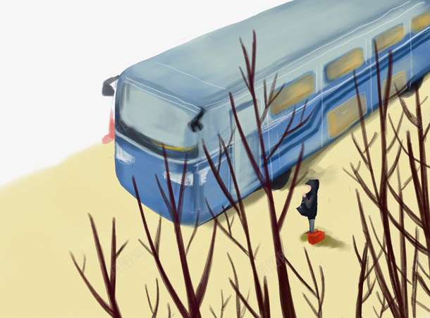 手绘插图春运回家的路png免抠素材_新图网 https://ixintu.com 回家的路 大巴车 客车 手绘插图 春运 车站等车