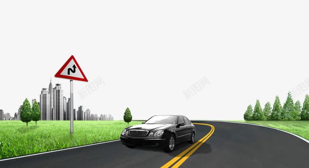 公路车辆背景psd免抠素材_新图网 https://ixintu.com 分叉路 建筑 草地 车辆 转弯 马路
