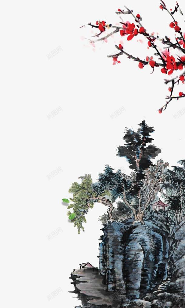 水墨画png免抠素材_新图网 https://ixintu.com 中国风 假山 国画 梅花 水墨画