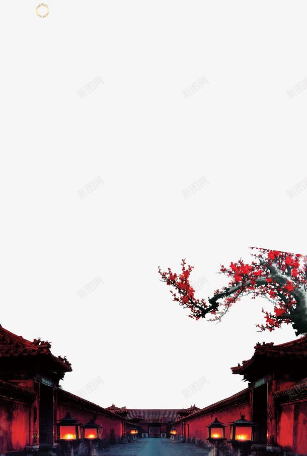 夜晚皇宫png免抠素材_新图网 https://ixintu.com 古风 城墙 梅花 灯 红色