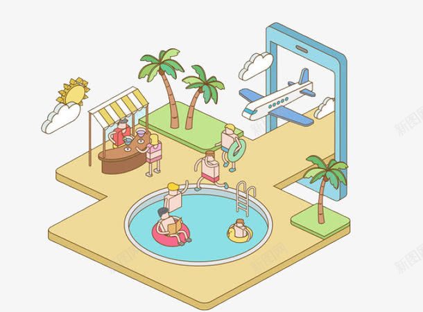 卡通版海南游插画png免抠素材_新图网 https://ixintu.com 云朵 促进消费 卖东西 售卖摊位 地摊经济 太阳 小摊贩 摆地摊 摆摊 摊位 树木 椰子树 游泳圈 游泳池 经济 路边摊 集市 飞机