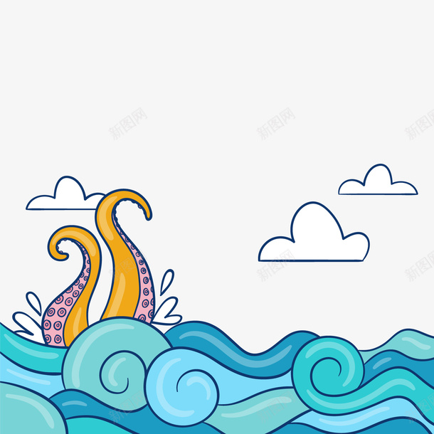 彩绘大海上章鱼触角png免抠素材_新图网 https://ixintu.com 卡通大海 卡通章鱼触角 海浪 白色云朵 背景装饰 蓝色大海