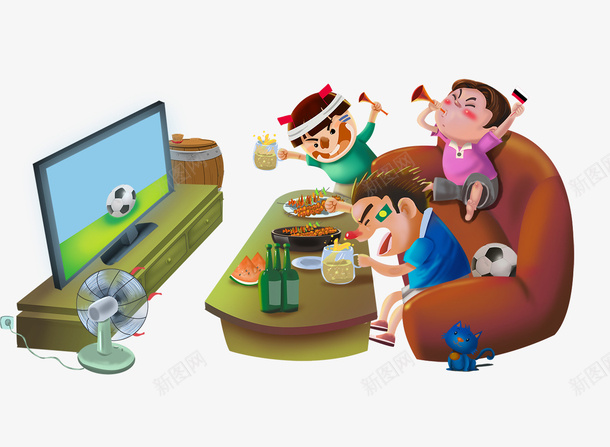 炎热夏天聚会看球赛插画psd免抠素材_新图网 https://ixintu.com 喝啤酒 处暑 夏季 炎热夏天 看球赛 聚会