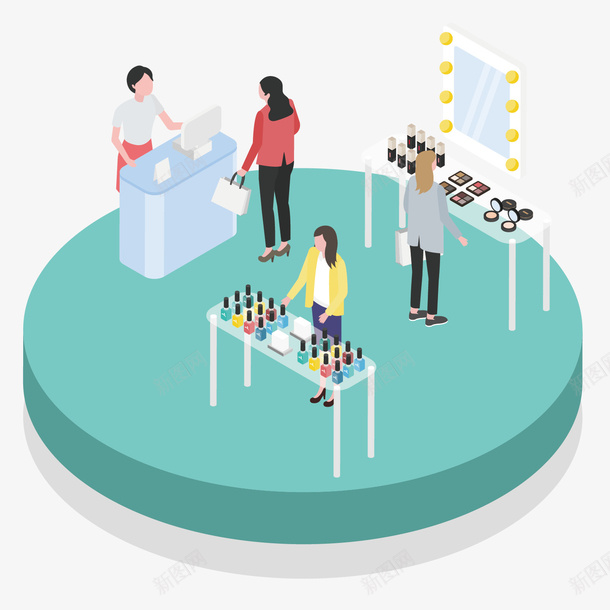 圆形卖化妆品的插图png免抠素材_新图网 https://ixintu.com 25D 促销 创意时尚 化妆品 女人 护肤 盒子 等距视角 鞋子