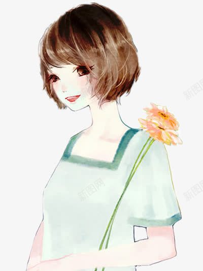 拿着花笑的女孩png免抠素材_新图网 https://ixintu.com 开心 心情 插画 笑脸 阳光
