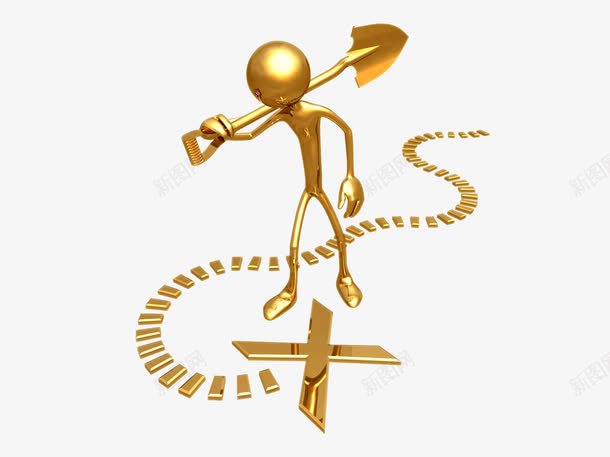 小金人寻宝png免抠素材_新图网 https://ixintu.com 3d小人 宝藏藏点 寻宝路线 小金人 金色小人 铲子