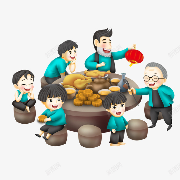 中秋团圆一家六口过中秋png免抠素材_新图网 https://ixintu.com 一家六口过中秋 中秋团圆 中秋海报 中秋聚餐 中秋节 卡通人物 手绘