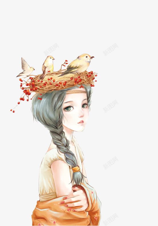 头上有鸟窝的女子png免抠素材_新图网 https://ixintu.com 女子 鸟窝