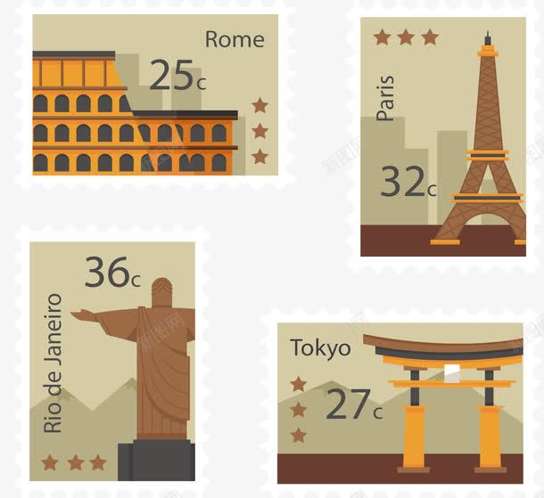 复古四张邮票png免抠素材_新图网 https://ixintu.com 旅游邮票 日本东京 法国巴黎 矢量素材 纪念邮票 罗马