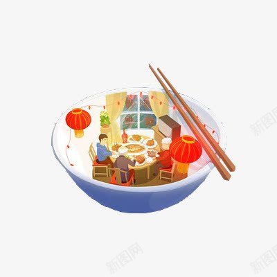 卡通碗里的合家欢png免抠素材_新图网 https://ixintu.com 一家人 卡通 合家欢 团圆 灯笼 碗 筷子