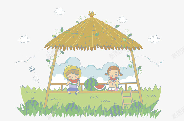 吃西瓜的孩子png免抠素材_新图网 https://ixintu.com 乘凉 凉亭 卡通 吃西瓜 女孩 手绘 水果 男孩 绿色