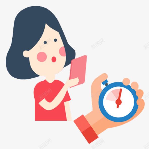 卡通人物拿着手机的女孩和秒表png免抠素材_新图网 https://ixintu.com 卡通人物 女孩 手 手机 秒表