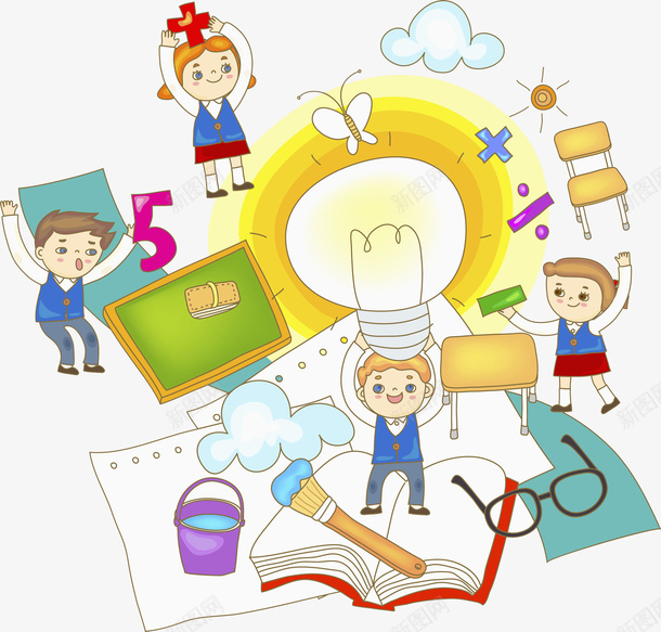 数学课场景png免抠素材_新图网 https://ixintu.com 书本 厨师帽 手绘 数学符号 椅子 水桶 画笔 眼镜框 黑板