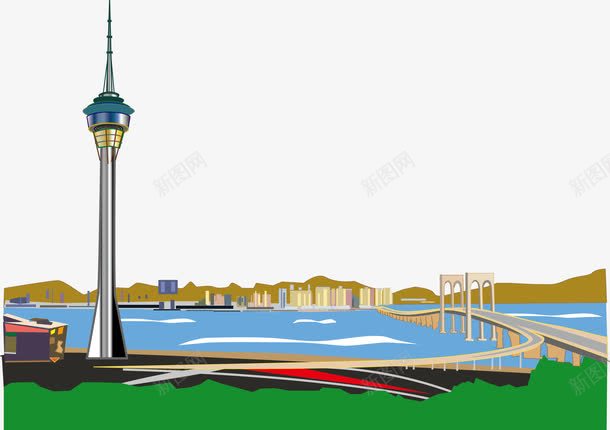 澳门桥全景矢量图ai免抠素材_新图网 https://ixintu.com 中华人民共和国香港特别行政区 中国澳门 古桥 城市 塔 建筑 我爱香港 澳门宣传 澳门旅 澳门桥 矢量图 赌城澳门 香港卡通